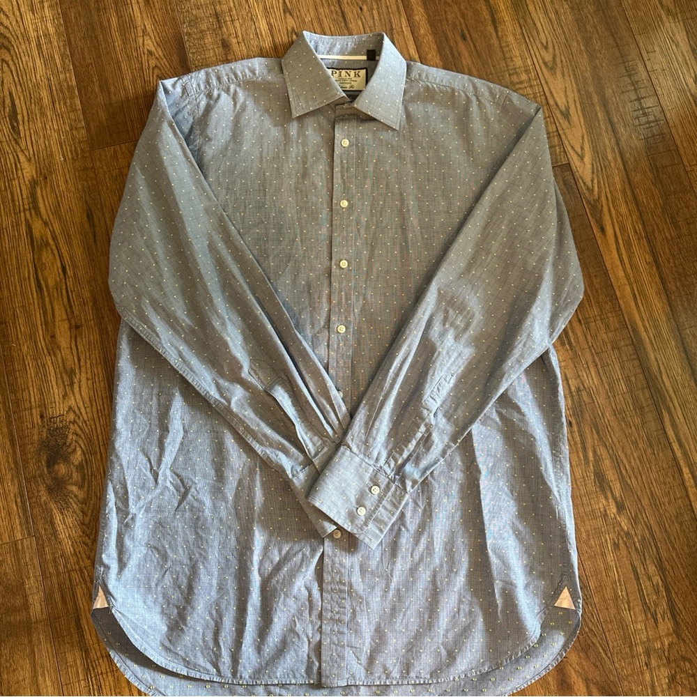 Thomas Pink Men’s Classic Fit Blue With Yellow Dots Button Down 16-36.5